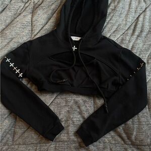 SMFK Black Cropped Hoodie with Cutout Detail